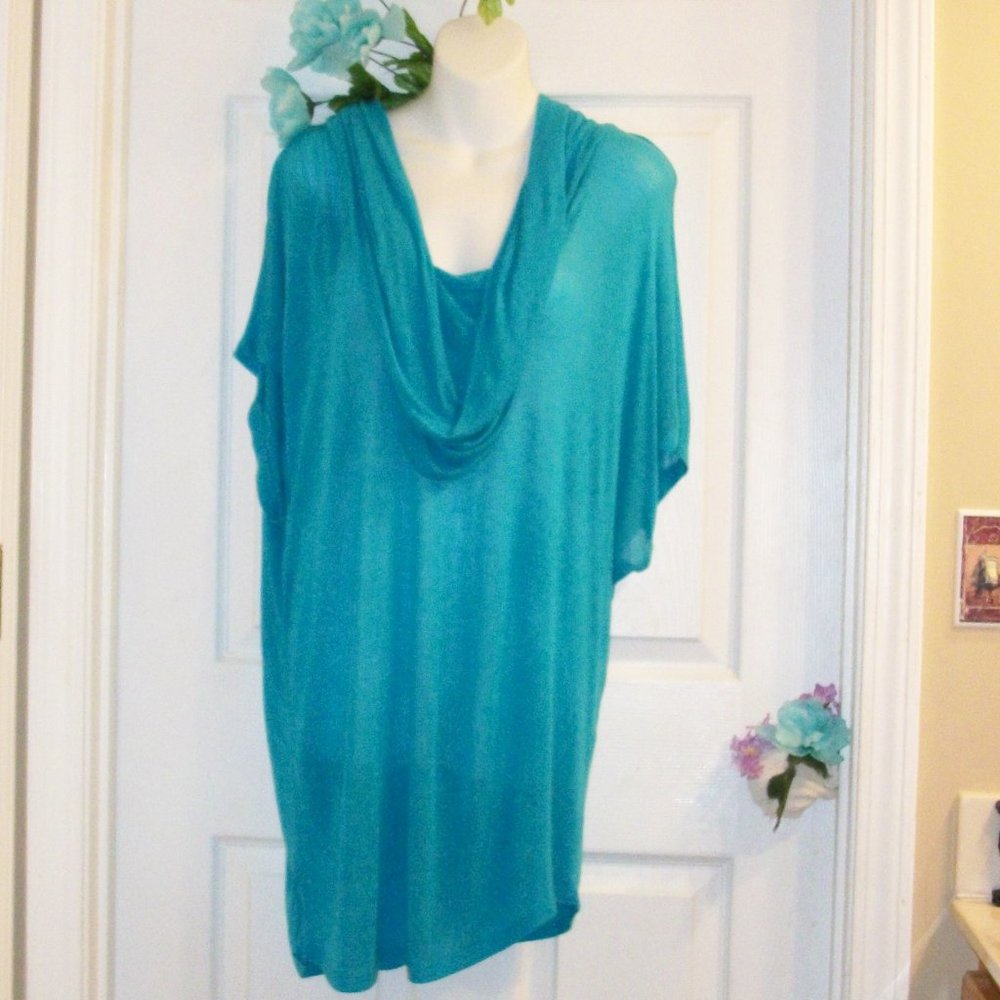 CATO Sz M Turquoise Cowl Neck Swimsuit Beach Cover Up Long Tunic Semi-Sheer